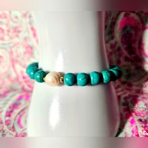 Handcrafted Bracelet With Turquoise-Colored Beads & Single Pearl